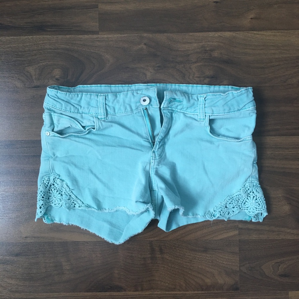 super cute teal aqua green-ish denim shorts